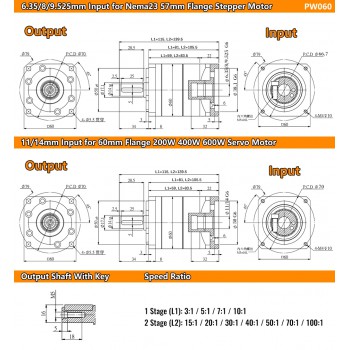 Réducteur planétaire hélicoïdal série PW060, arbre d'entrée 6,35/8/9,525/11/14 mm pour moteur pas à pas Nema23/Sveromoteur Nema 24