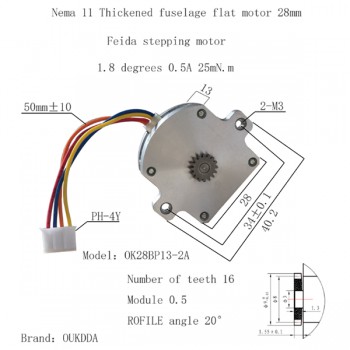 Moteur pas à pas plat Nema 11 OK28BP13-2A, biphasé, 1,8 degrés, 2,5 Ncm, 4 fils