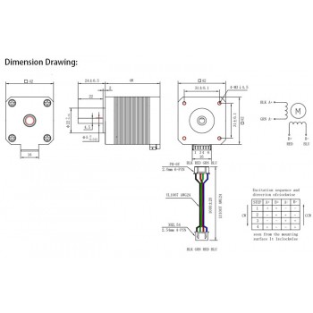 Moteur pas à pas haute température Nema 17 Oukeda OSP001461 1,8° 60 Ncm Classe d'isolation B 180 °C