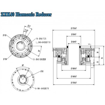 Réducteur harmonique de type creux série ZXK, Rapport 30:1/50:1/80:1/100:1/120:1/160:1, contrecoup 30 arcsec