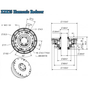 Réducteur harmonique de type creux série ZXK, Rapport 30:1/50:1/80:1/100:1/120:1/160:1, contrecoup 30 arcsec
