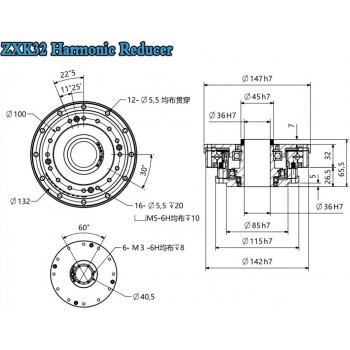 Réducteur harmonique de type creux série ZXK, Rapport 30:1/50:1/80:1/100:1/120:1/160:1, contrecoup 30 arcsec