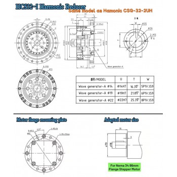 Réducteur harmonique série CSF, rapport 50:1/80:1/100:1/120:1 pour moteur pas à pas / servomoteur