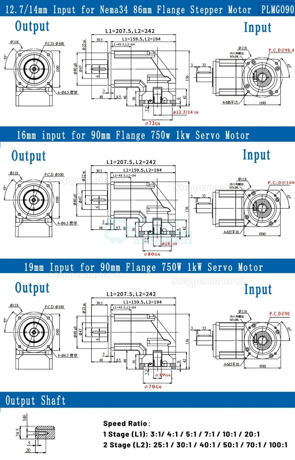 R&eacute;ducteur plan&eacute;taire &agrave; angle droit s&eacute;rie PLMG090 rapport 3:1 &agrave; 100:1 pour moteurs pas &agrave; pas NEMA 34 / servomoteurs de 90 mm