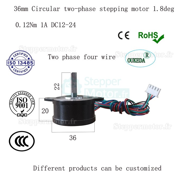 Moteur pas à pas Nema 14 Oukeda 36BYGH bipolaire 1,8° 12Ncm 1A 10V 36x36x20mm 4 fils