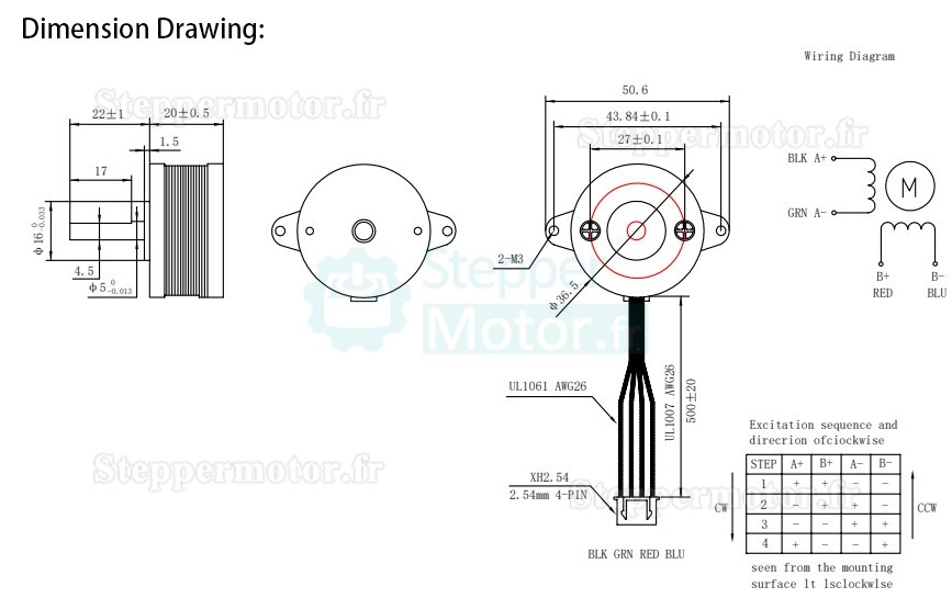 Moteur pas à pas Nema 14 Oukeda 36BYGH bipolaire 1,8° 12Ncm 1A 10V 36x36x20mm 4 fils