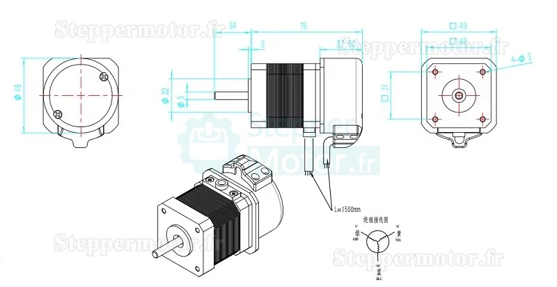 Servomoteur 42JSF330AS 64W 24V CC 1,56A 0,2N.m 3000tr/min 42 x 42 mm avec encodeur 1000 lignes