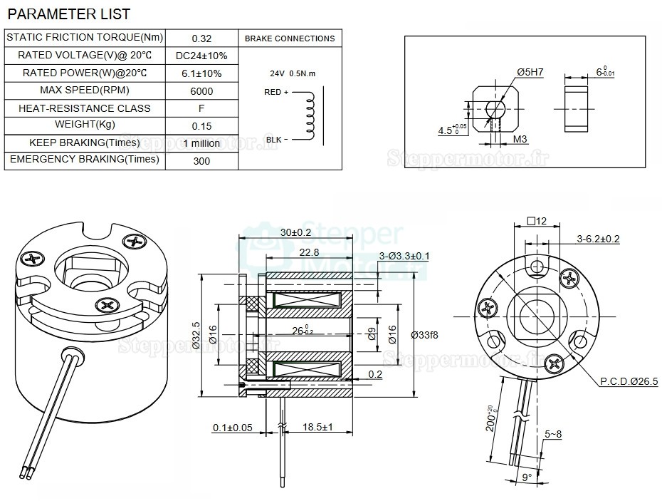 Non-excited DC Electromagnetic Brake 24VDC 0.32Nm for Nema 14 Stepper Motor