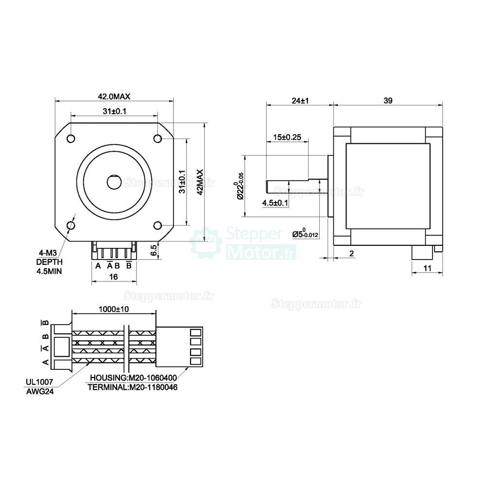 Moteur pas à pas Nema 17 bipolaire 17HS15-1504S-X1 1,8degrésree 45Ncm pour bricolage CNC/imprimante/extrudeuse 3D