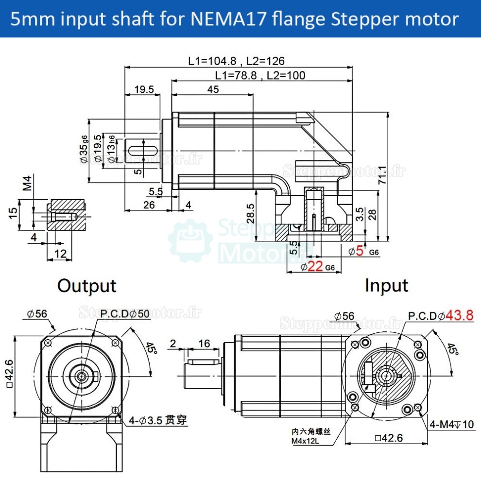 R&eacute;ducteur plan&eacute;taire &agrave; angle droit Nema 17 s&eacute;rie PLMG042 rapport 3:1 &agrave; 100:1 pour moteurs pas &agrave; pas NEMA 17 / servomoteurs de 40 mm