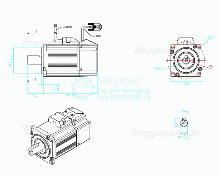 Servomoteur CC 60ASM200 200W 36V 7,6A 0,63N.m 3000tr/min triphasé 60 x 60 mm avec encodeur 2500 lignes