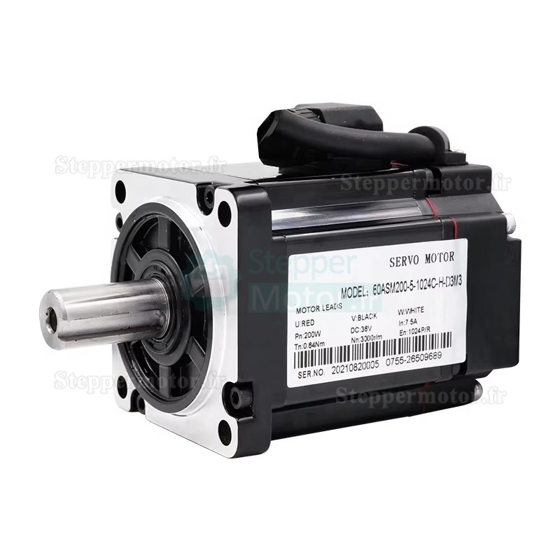 36V Servomoteur CC 200W 60ASM200-5-1024C 0,64N.m 7,5A 0,64N.m 3000tr/min avec codeur magnétique 1024 lignes 60 x 60 mm