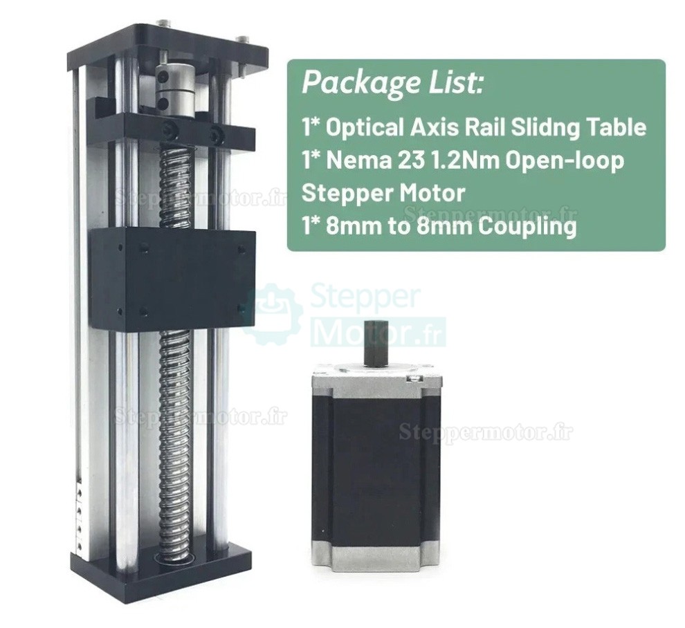 Kit de platine lin&eacute;aire motoris&eacute;e &agrave; vis &agrave; billes, course de 1,2 Nm/2 Nm/3 Nm, de 100 mm &agrave; 300 mm, avec moteur Nema 23, driver et alimentation.