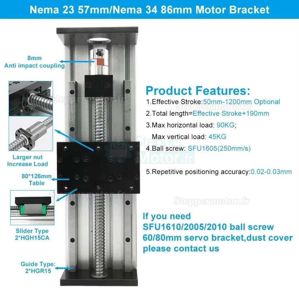 Table de guidage linéaire robuste SXG80×120 pour vis à billes CNC, compatible avec moteur Nema23/34 Table de guidage linéaire robuste SXG80×120 pour vis à billes CNC, compatible avec moteur Nema23/34