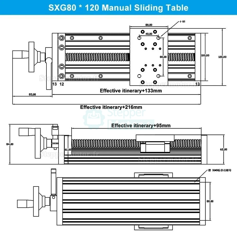 Table de guidage linéaire robuste SXG80×120 pour vis à billes CNC, compatible avec moteur Nema23/34 Table de guidage linéaire robuste SXG80×120 pour vis à billes CNC, compatible avec moteur Nema23/34