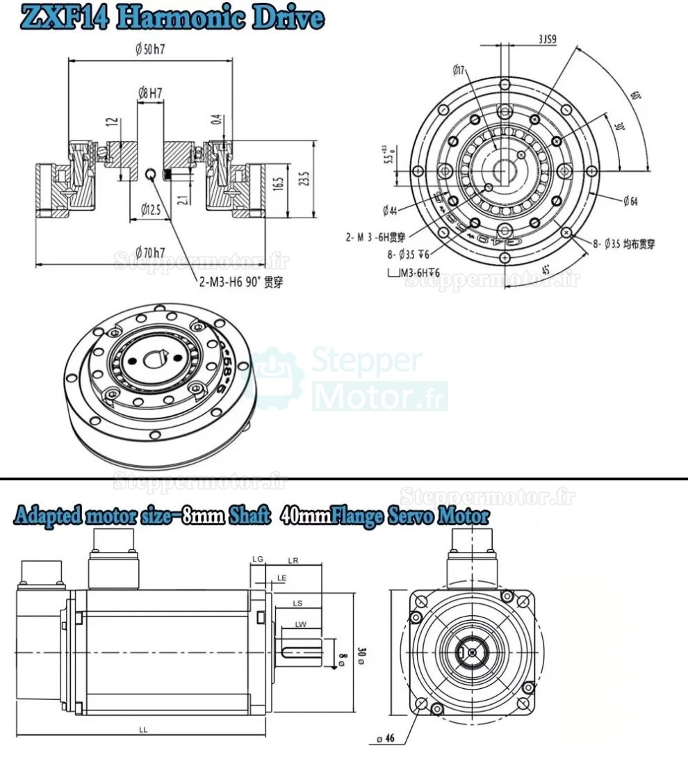 R&eacute;ducteur harmonique s&eacute;rie ZXF, 30:1/50:1/80:1/100:1/120:1/160:1 pour moteurs pas &agrave; pas/servomoteurs