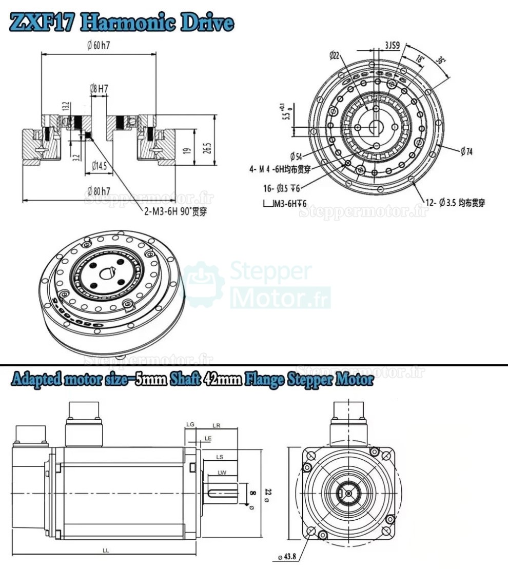 R&eacute;ducteur harmonique s&eacute;rie ZXF, 30:1/50:1/80:1/100:1/120:1/160:1 pour moteurs pas &agrave; pas/servomoteurs