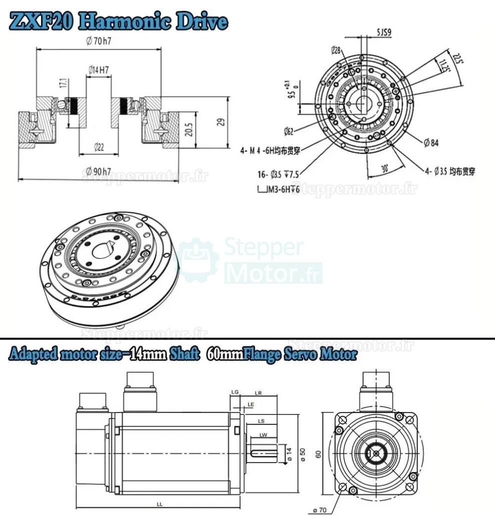 R&eacute;ducteur harmonique s&eacute;rie ZXF, 30:1/50:1/80:1/100:1/120:1/160:1 pour moteurs pas &agrave; pas/servomoteurs