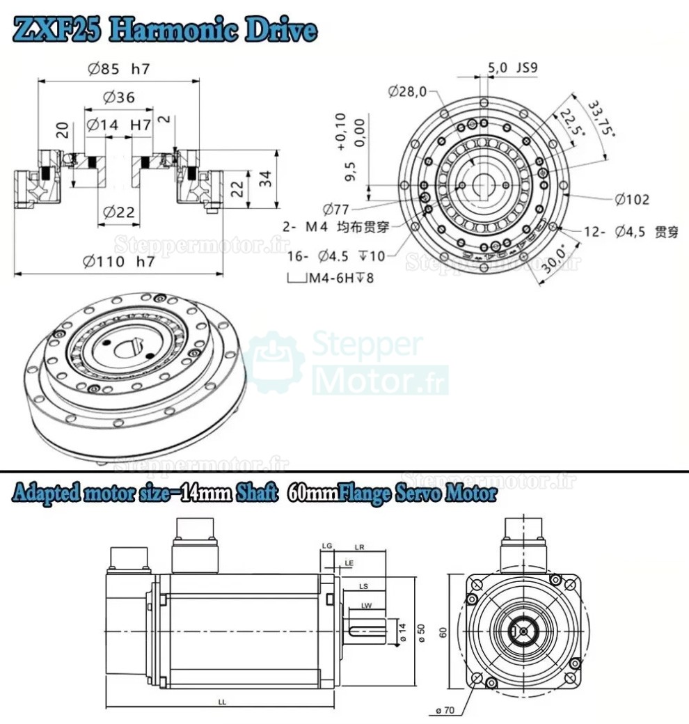 R&eacute;ducteur harmonique s&eacute;rie ZXF, 30:1/50:1/80:1/100:1/120:1/160:1 pour moteurs pas &agrave; pas/servomoteurs
