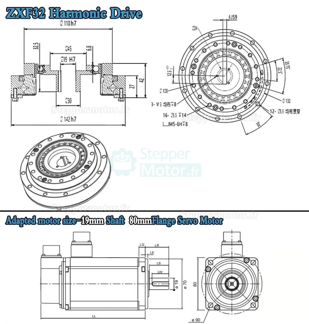 R&eacute;ducteur harmonique s&eacute;rie ZXF, 30:1/50:1/80:1/100:1/120:1/160:1 pour moteurs pas &agrave; pas/servomoteurs