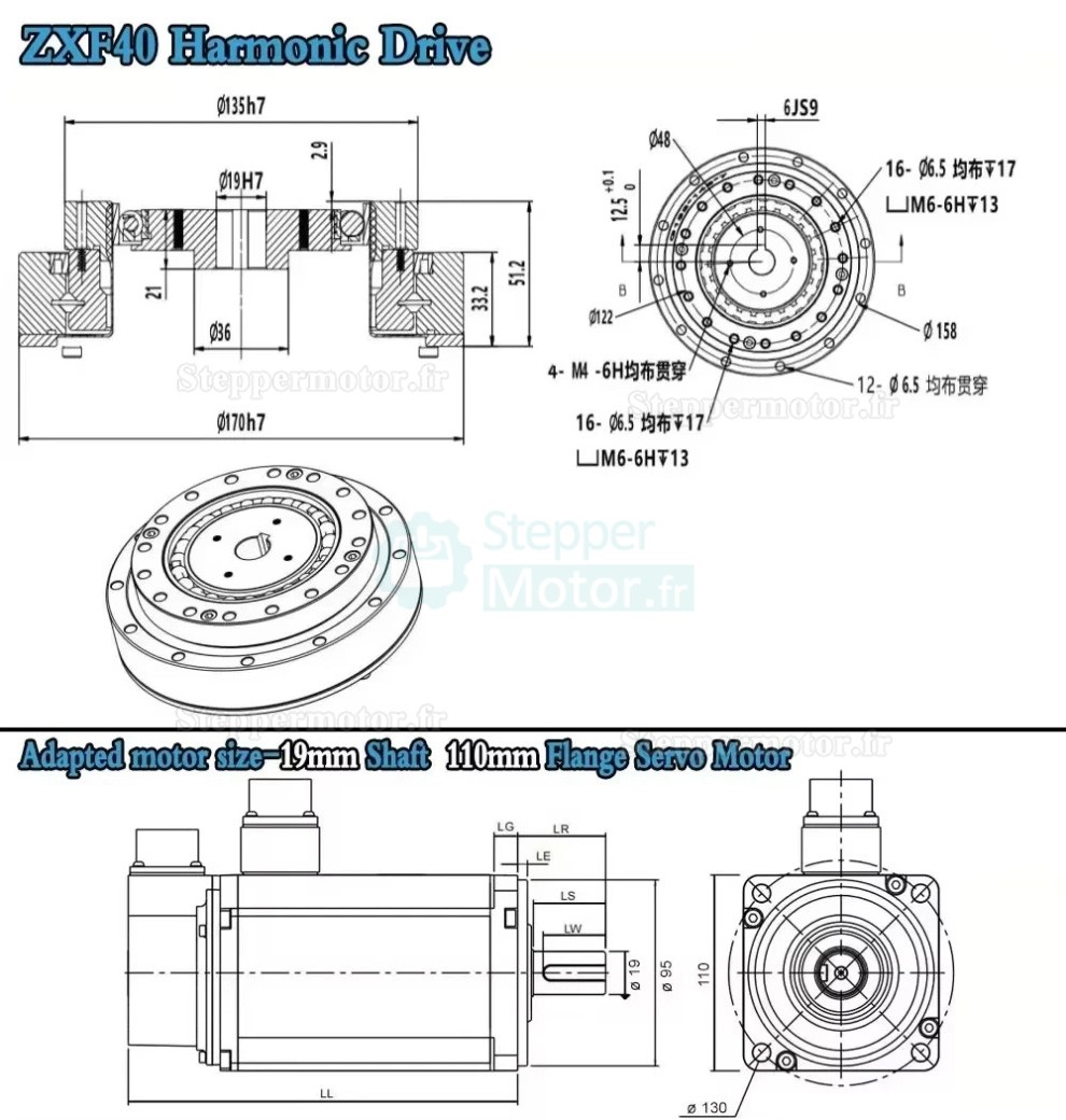 R&eacute;ducteur harmonique s&eacute;rie ZXF, 30:1/50:1/80:1/100:1/120:1/160:1 pour moteurs pas &agrave; pas/servomoteurs
