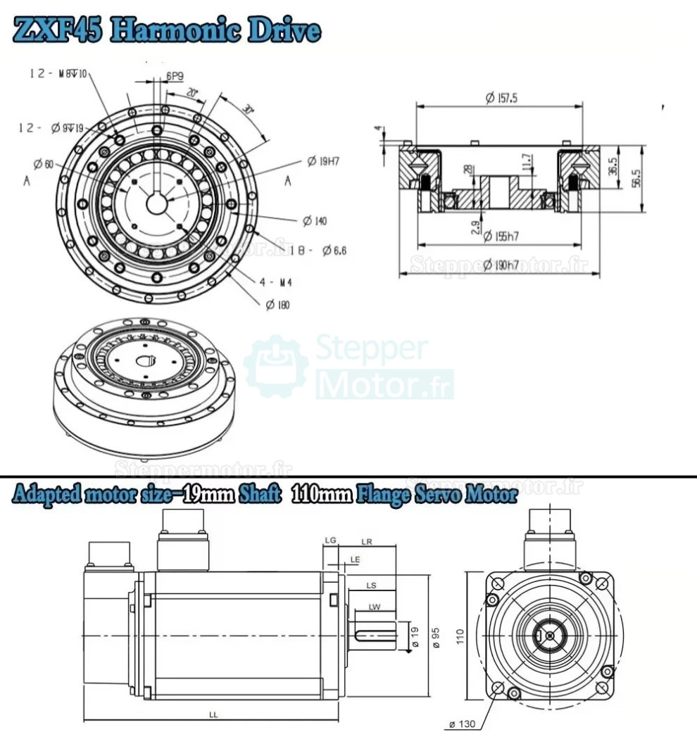 R&eacute;ducteur harmonique s&eacute;rie ZXF, 30:1/50:1/80:1/100:1/120:1/160:1 pour moteurs pas &agrave; pas/servomoteurs