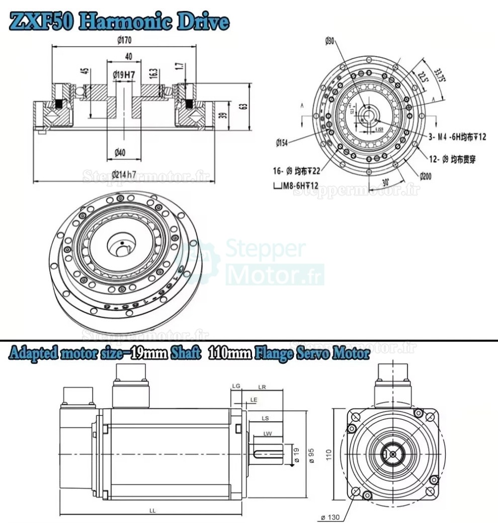 R&eacute;ducteur harmonique s&eacute;rie ZXF, 30:1/50:1/80:1/100:1/120:1/160:1 pour moteurs pas &agrave; pas/servomoteurs