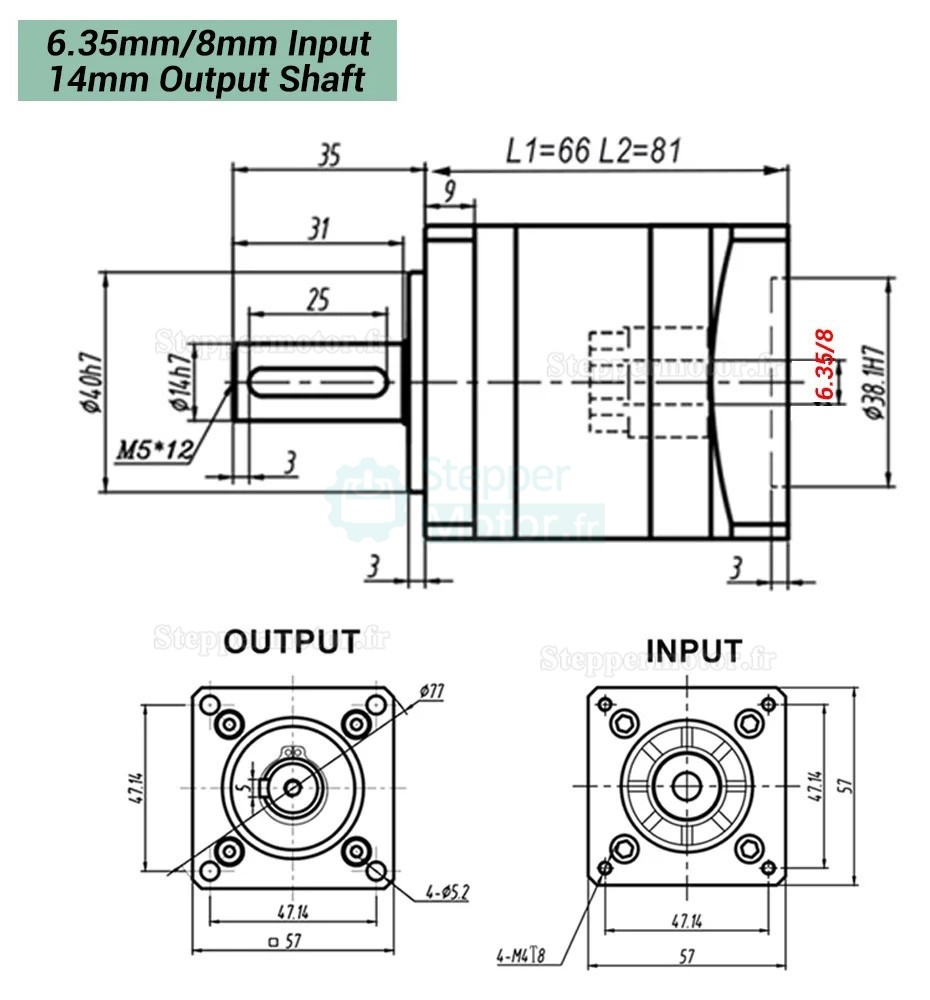 R&eacute;ducteur plan&eacute;taire Nema 23 DLF s&eacute;rie rapport 4:1 &agrave; 100:1, Entr&eacute;e 1/4" 6,35 mm 8 mm
