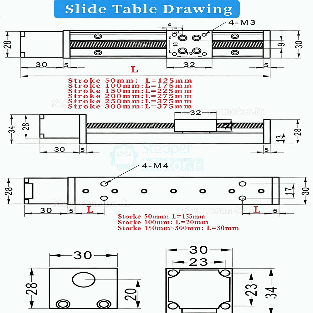 Mini table de glissement lin&eacute;aire OSP001601, pas de 1 mm, course de 75 mm et couple de 0,07 Nm, avec moteur pas &agrave; pas Nema 11