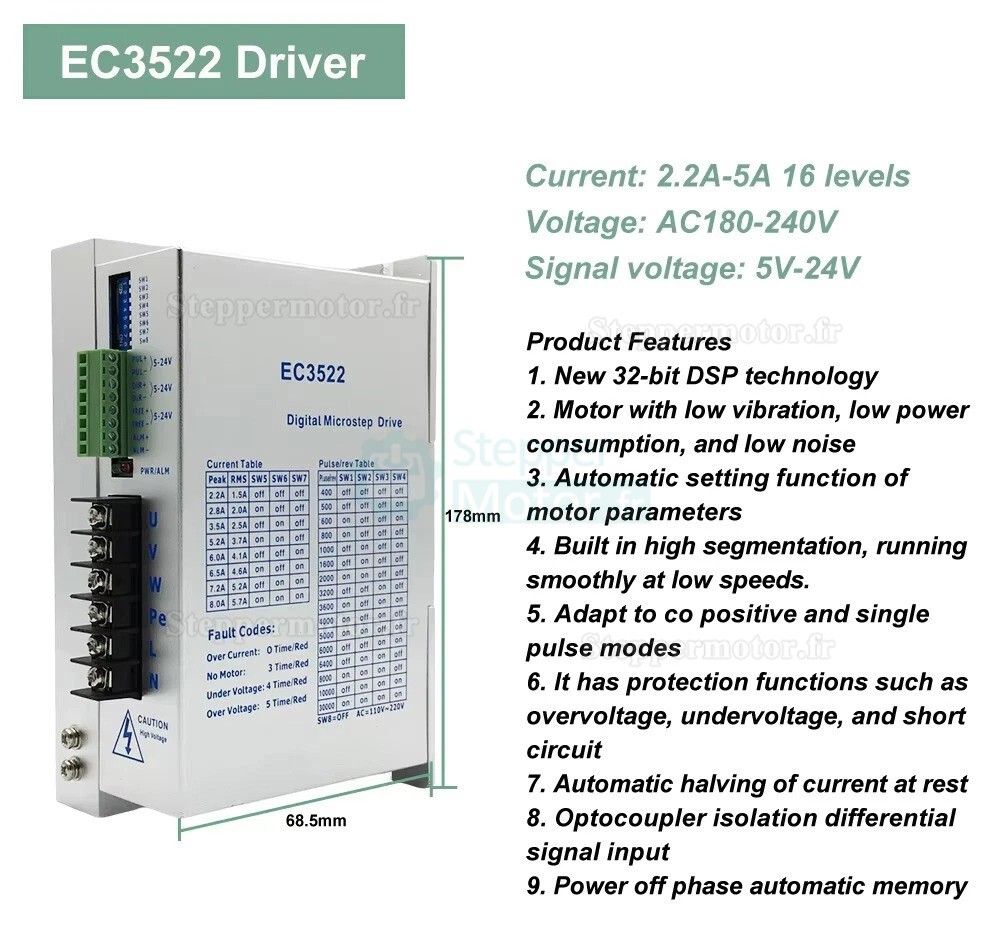 Driver pas &agrave; pas num&eacute;rique biphas&eacute; triphas&eacute; EC3522 2.2-5A 110&ndash;220 VAC pour moteur pas &agrave; pas Nema 34 86mm