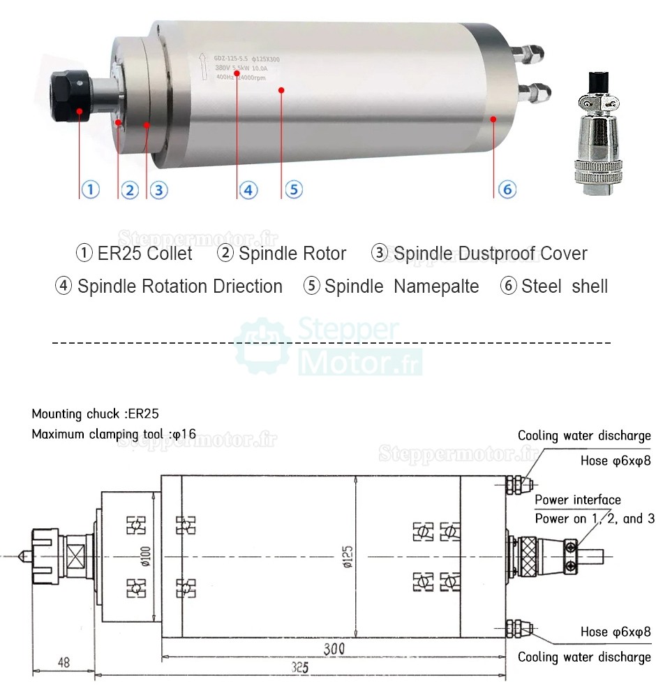 Moteur de broche CNC refroidi par eau OSP001429 5,5 kW 220 V/380 V 24 000 tr/min ER25 Collet
