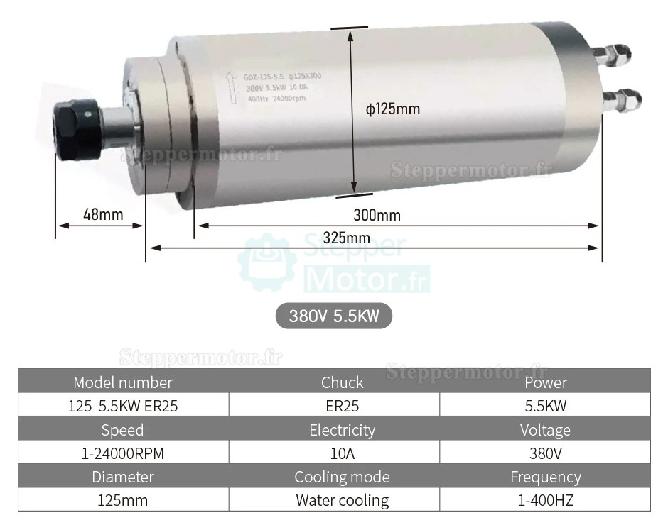 Moteur de broche CNC refroidi par eau OSP001429 5,5 kW 220 V/380 V 24 000 tr/min ER25 Collet
