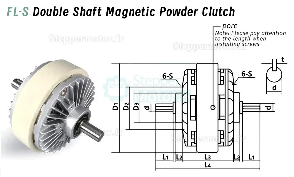 Embrayage à particules magnétiques à double arbre série FL-S, couple de serrage 6 Nm à 50 Nm, 24 V CC. Embrayage à particules magnétiques à double arbre série FL-S, couple de serrage 6 Nm à 50 Nm, 24 V CC.