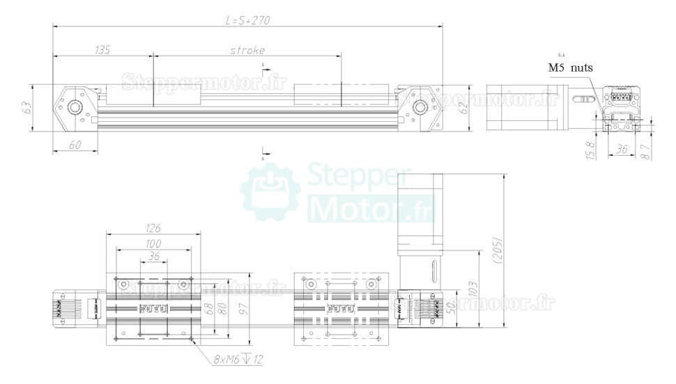 Actionneur à vis à billes linéaires Étape de guidage linéaire CNC FPB50 95mm avec moteur pas à pas Nema 23