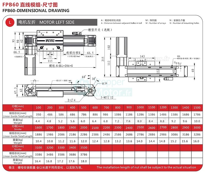 Guide linéaire table de platine linéaire FPB60 avec moteur pas à pas Nema 24
