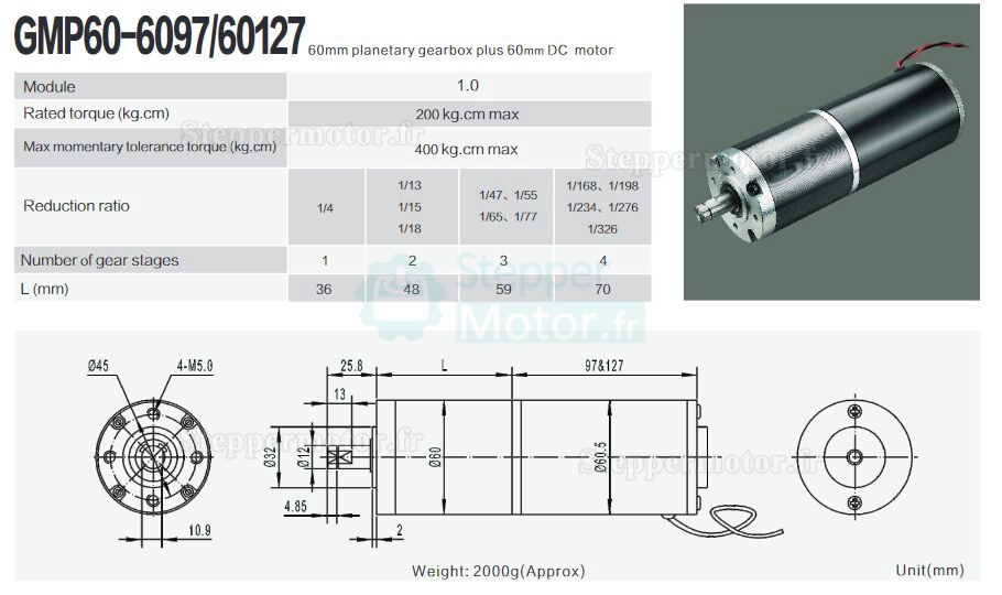 2 Pièces Φ60mm 12V/24V Motoréducteur CC brushed GMP60-60127 avec rapport 4~326 réducteur planétaire