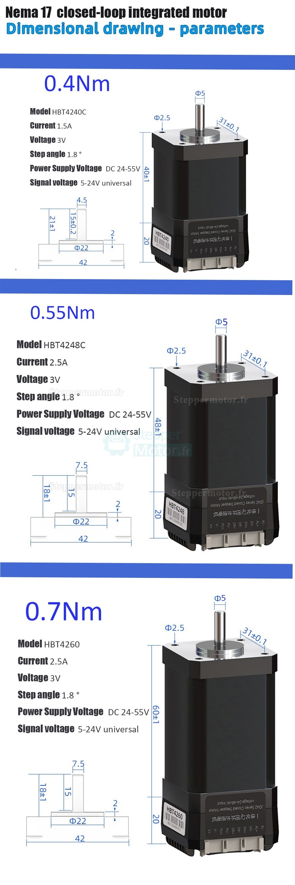 Moteur pas à pas intégré en boucle fermée Nema 17 série HBT42 0,4 Nm/0,55 Nm/0,7 Nm avec encodeur de ligne 1000 Moteur pas à pas intégré en boucle fermée Nema 17 série HBT42 0,4 Nm/0,55 Nm/0,7 Nm avec encodeur de ligne 1000