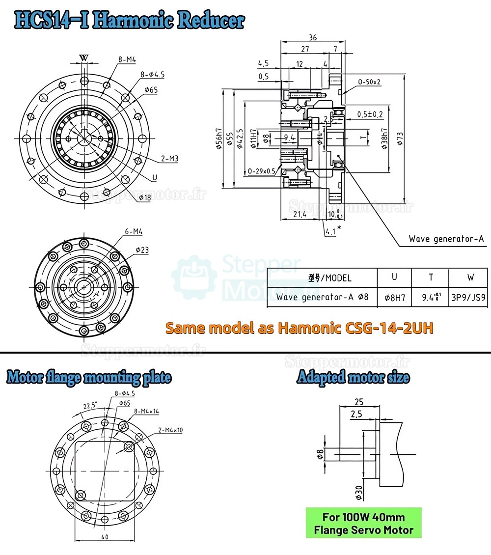 R&eacute;ducteur harmonique s&eacute;rie CSF, rapport 50:1/80:1/100:1/120:1 pour moteur pas &agrave; pas / servomoteur