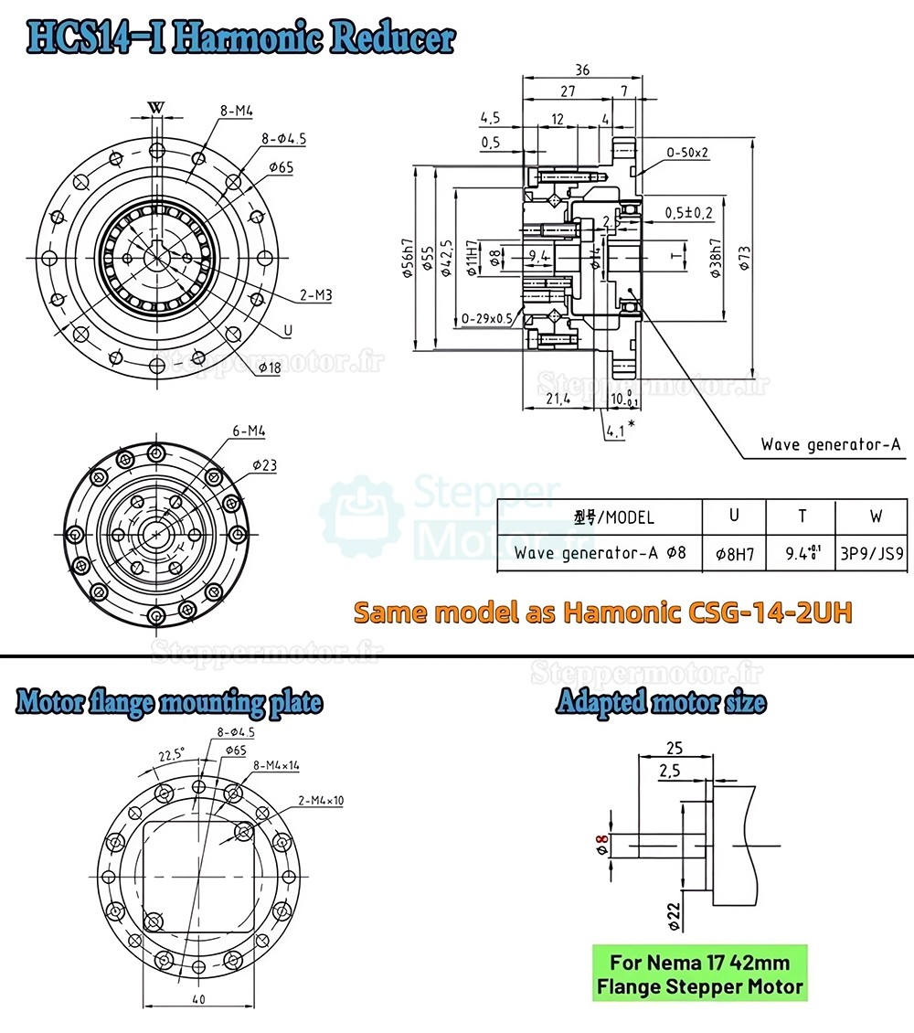 R&eacute;ducteur harmonique s&eacute;rie CSF, rapport 50:1/80:1/100:1/120:1 pour moteur pas &agrave; pas / servomoteur