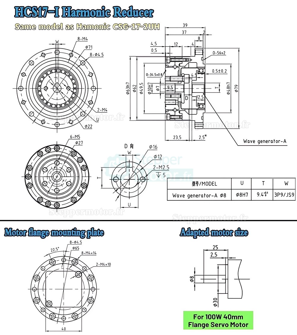 R&eacute;ducteur harmonique s&eacute;rie CSF, rapport 50:1/80:1/100:1/120:1 pour moteur pas &agrave; pas / servomoteur