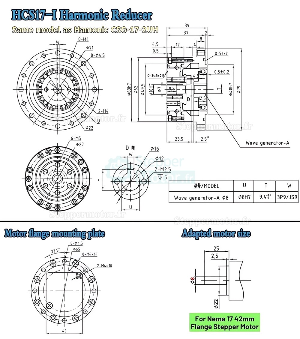 R&eacute;ducteur harmonique s&eacute;rie CSF, rapport 50:1/80:1/100:1/120:1 pour moteur pas &agrave; pas / servomoteur