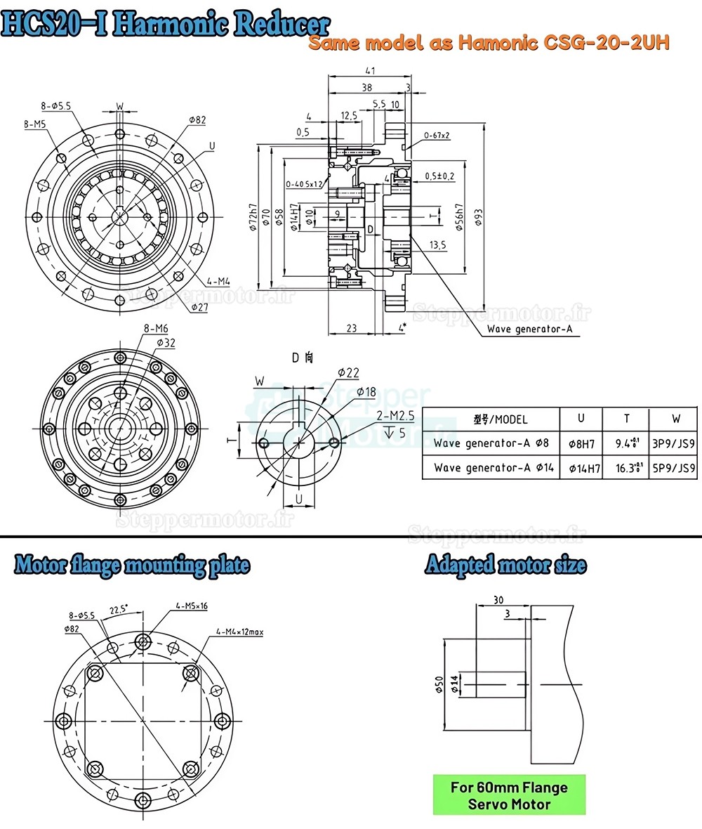 R&eacute;ducteur harmonique s&eacute;rie CSF, rapport 50:1/80:1/100:1/120:1 pour moteur pas &agrave; pas / servomoteur