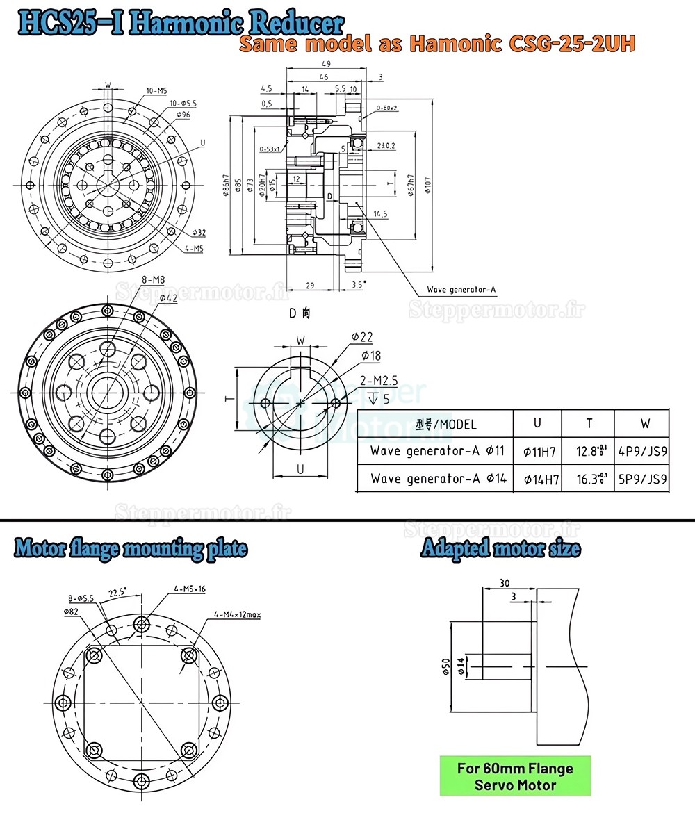 R&eacute;ducteur harmonique s&eacute;rie CSF, rapport 50:1/80:1/100:1/120:1 pour moteur pas &agrave; pas / servomoteur