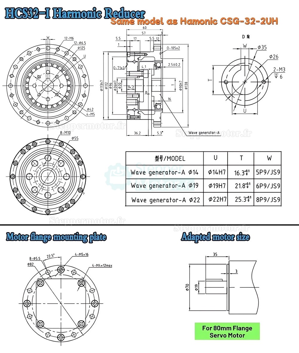 R&eacute;ducteur harmonique s&eacute;rie CSF, rapport 50:1/80:1/100:1/120:1 pour moteur pas &agrave; pas / servomoteur