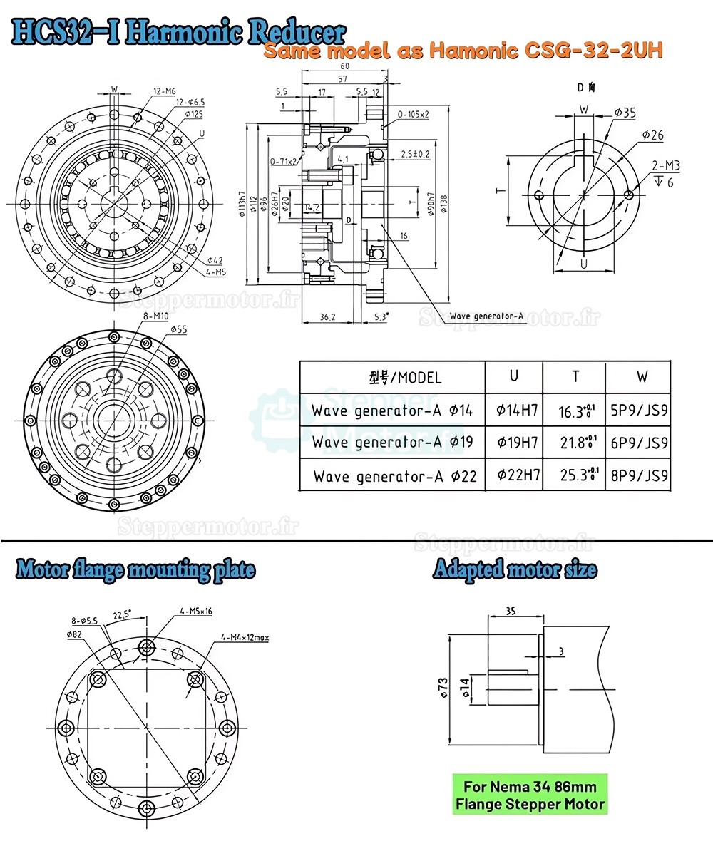 R&eacute;ducteur harmonique s&eacute;rie CSF, rapport 50:1/80:1/100:1/120:1 pour moteur pas &agrave; pas / servomoteur