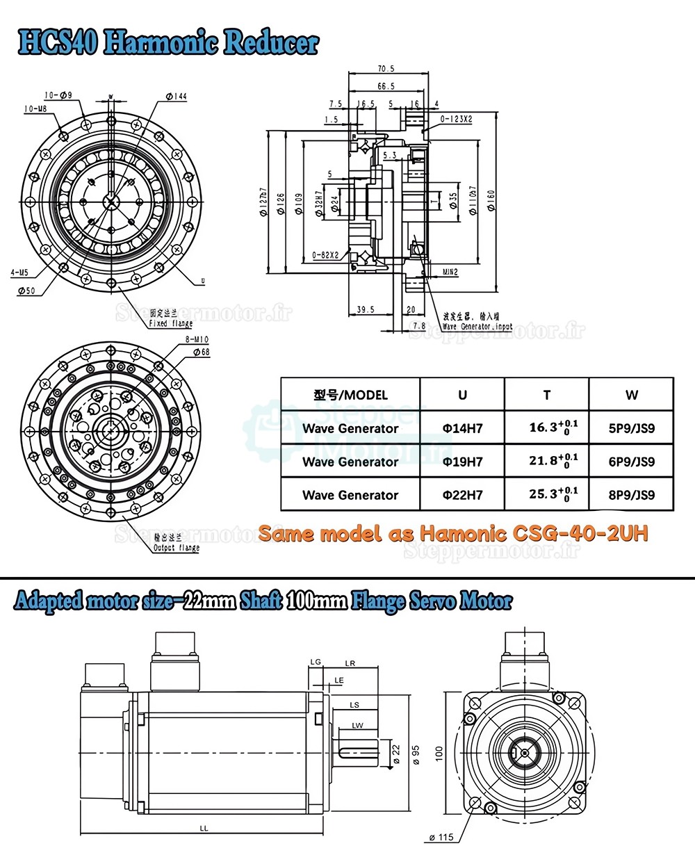 R&eacute;ducteur harmonique s&eacute;rie CSF, rapport 50:1/80:1/100:1/120:1 pour moteur pas &agrave; pas / servomoteur