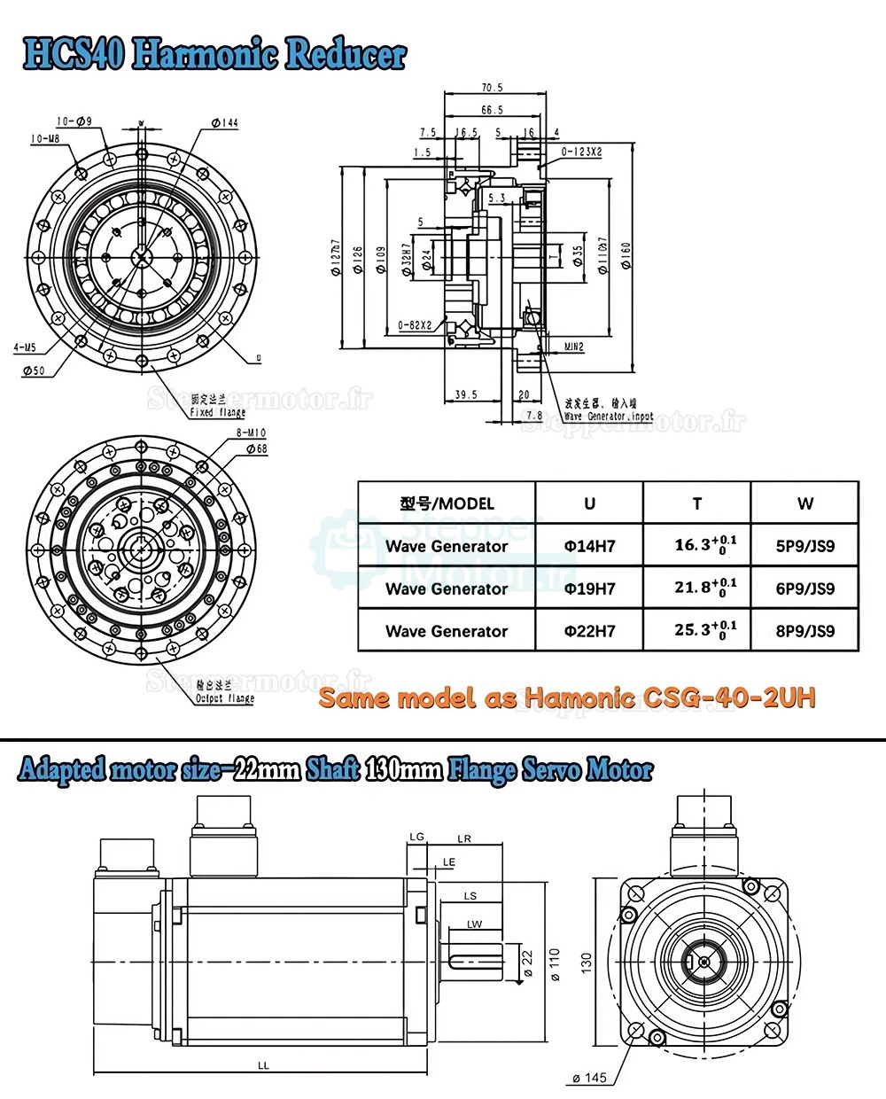 R&eacute;ducteur harmonique s&eacute;rie CSF, rapport 50:1/80:1/100:1/120:1 pour moteur pas &agrave; pas / servomoteur