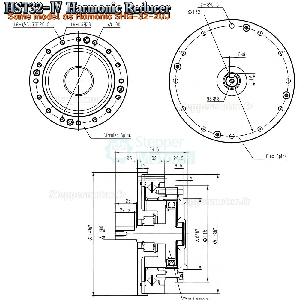 Réducteur harmonique série HST, 50:1/80:1/100:/120:1/160:1 20 arcsec pour bras robotique industriel Réducteur harmonique série HST, 50:1/80:1/100:/120:1/160:1 20 arcsec pour bras robotique industriel