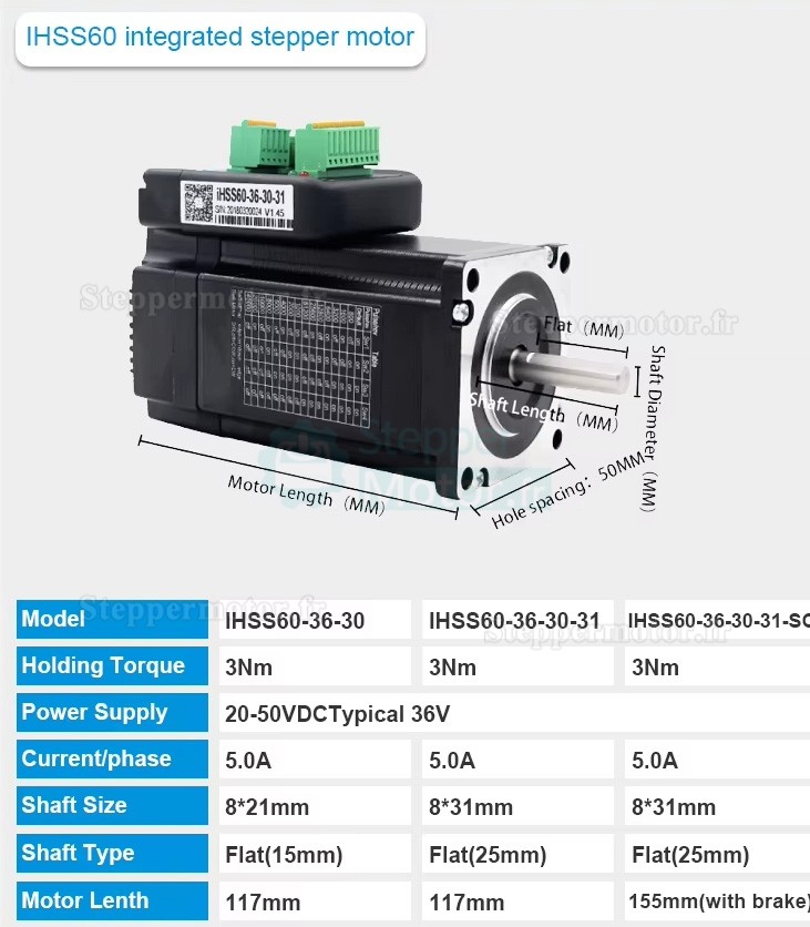 Moteur pas à pas en boucle fermée intégré Nema 23 JMC IHSS60-36-30-30/31/SC 1,8° 3Nm 5A 36V biphasé