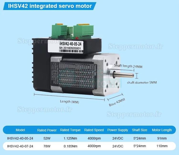 Servomoteur CA intégré Nema 17 JMC iHSV42-40-07-24 78W 24V 0,185N.m 52000tr/min 42 x 42 mm